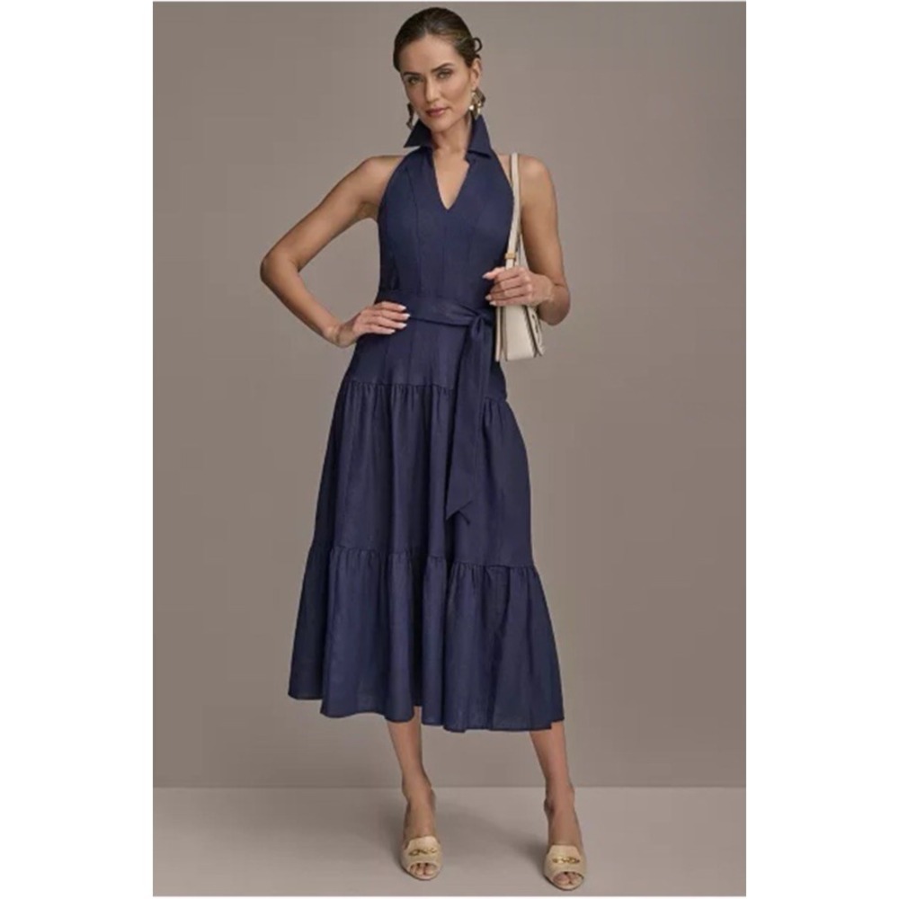 Donna Karan New York Size 12 Sleeveless Halter A-Line Belted Dress Linen Navy